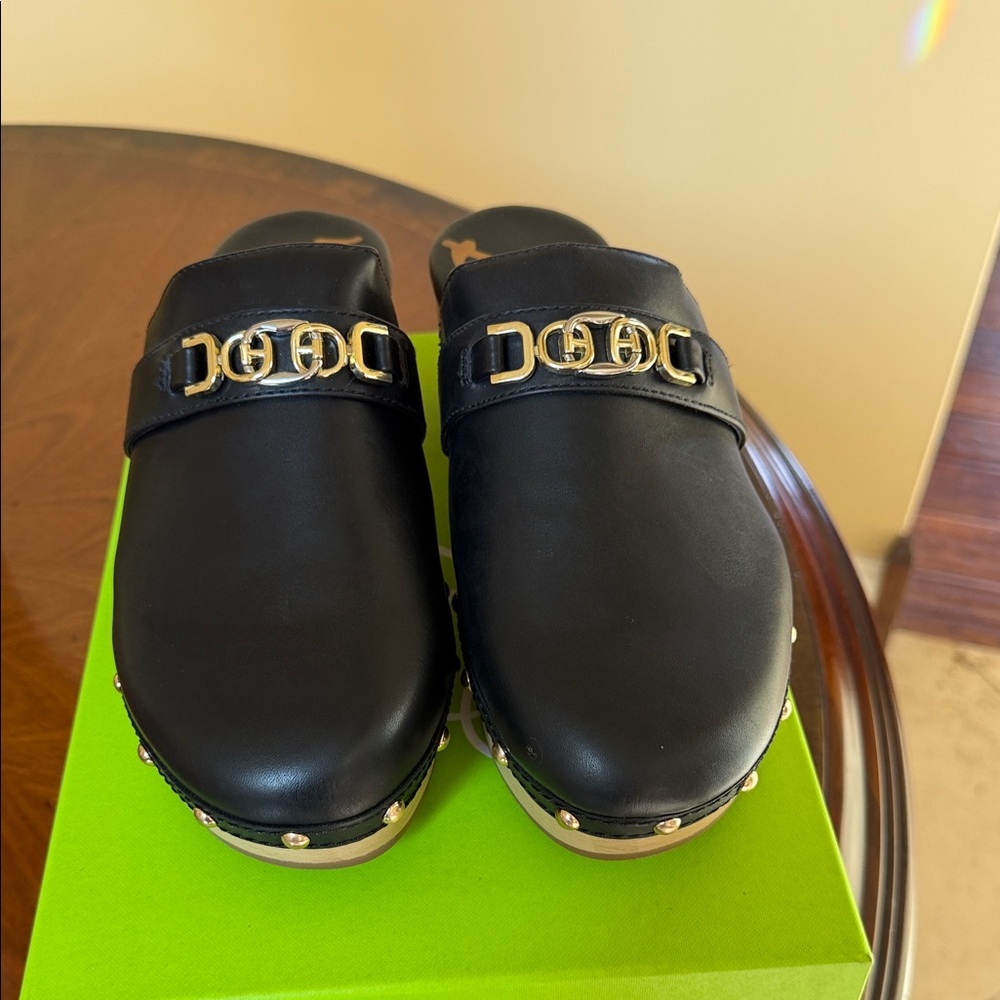 New in box Sam Edelman Black/Gold hardware Nappa Clogs with Wooden Sole,size 10
